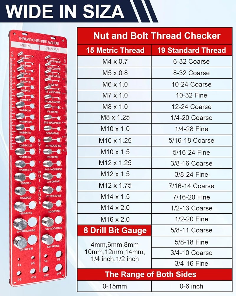 Clatoon Thread Checker, 42 Nut and Bolt Thread Checker, Thread Gauge Solid Bolts with 19 Standard and 15 Metric, identibolt 8 Drill Bit Gauge, Heavy-Duty Bolt and Nut Identifier Gauge - Image 2